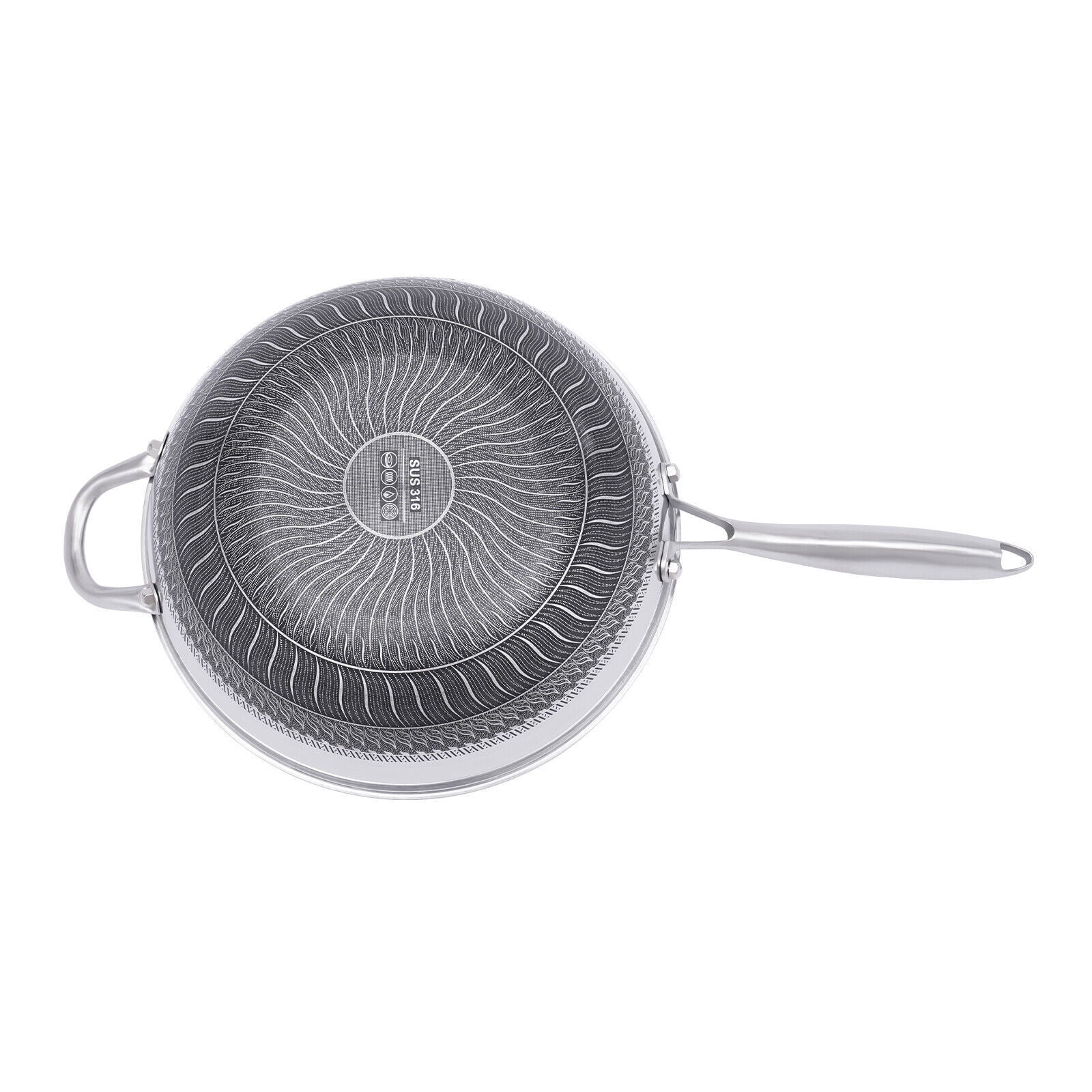 12in Stainless Steel Double Sided Honeycomb Cooking Frying Wok Pan with Lid Non Stick for Frying, Steaming, Boiling