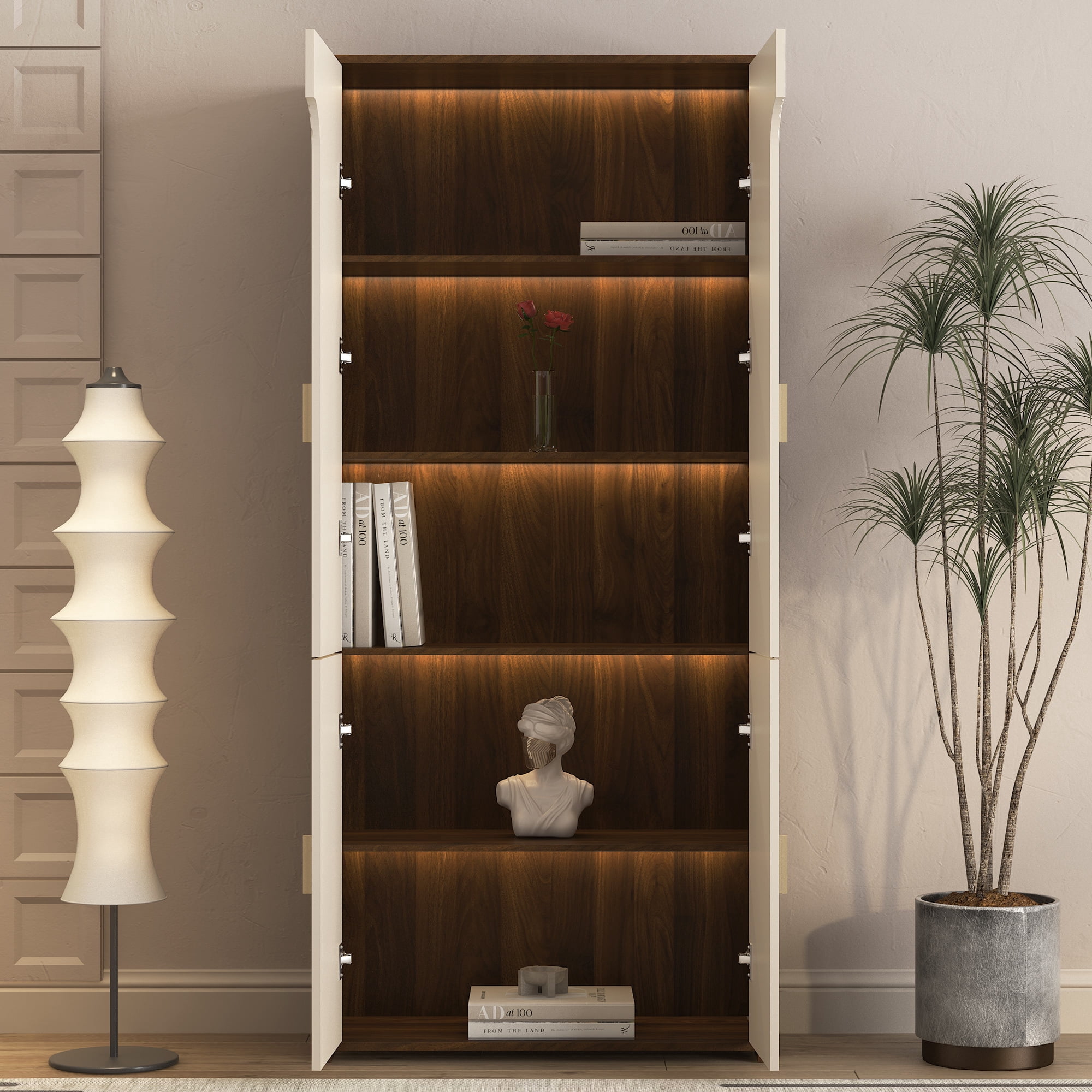 Leumius Display Cabinet with Doors,Bookcase with LED Lights, Display Case for Collectibles Bedroom Living Room Office