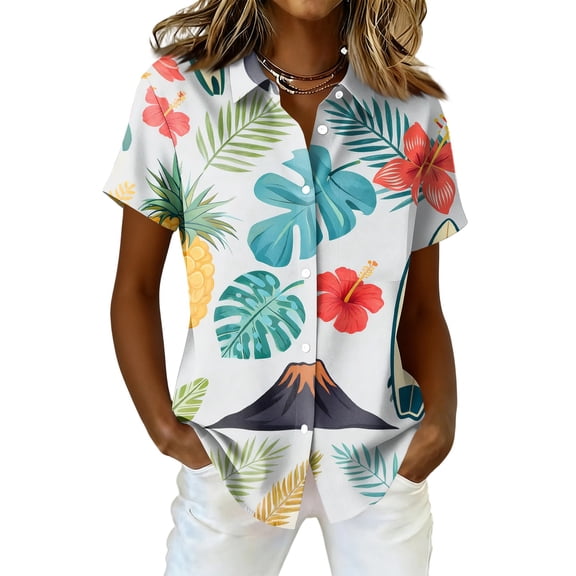 Fgvctg Hawaiian Button Down Shirt Women Casual Summer Beach Shirt Funky Short Sleeve Button Down Shirts Plus Size Tropical Floral Print Vacation Clothes Light Blue XL
