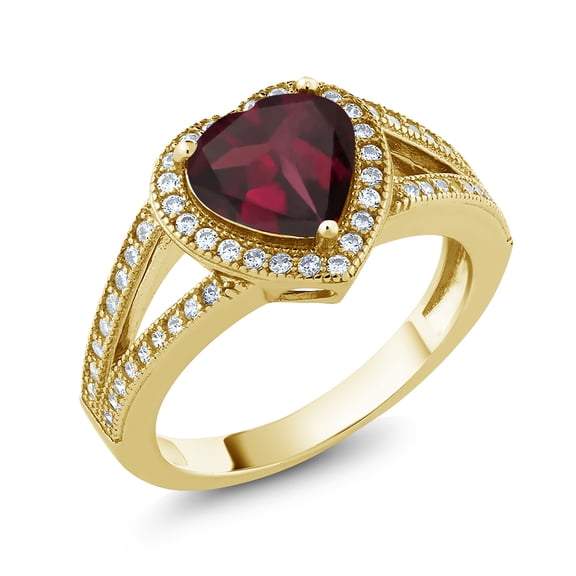 Gem Stone King 18K Yellow Gold Plated Silver Ring Heart Shape Rhodolite Garnet and Moissanite | 2.29 Cttw | Gemstone Birthstone | Heart 8MM (Size 5)