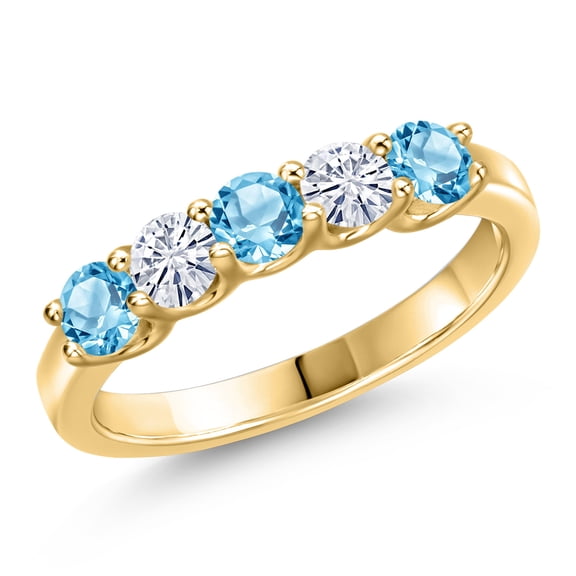 Gem Stone King 10K Yellow Gold Swiss Blue Topaz and White Moissanite Wedding-Bands Ring for Women | 0.92 Cttw | Round 3.5MM | Gemstone November Birthstone | Size 6