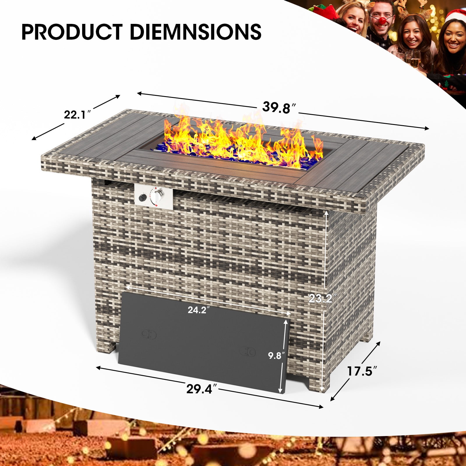 Bapipro 40" Outdoor Gas Fire Pit Table with Storage, Propane Fire Pit Table with Removable Lid & Waterproof Cover, for Outside Patio, Gray