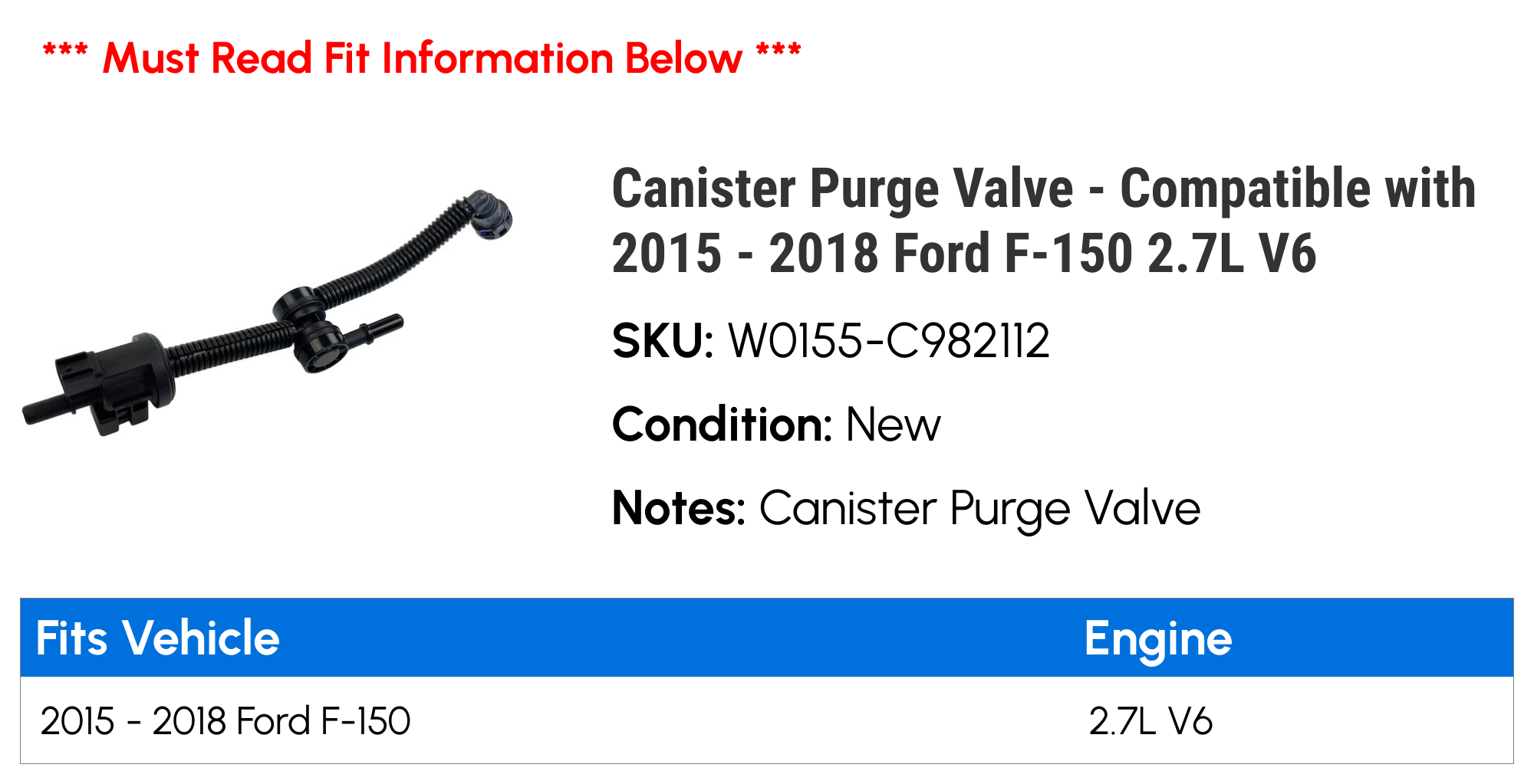 Canister Purge Valve - Compatible with 2015 - 2018 Ford F-150 2.7L V6 2016 2017
