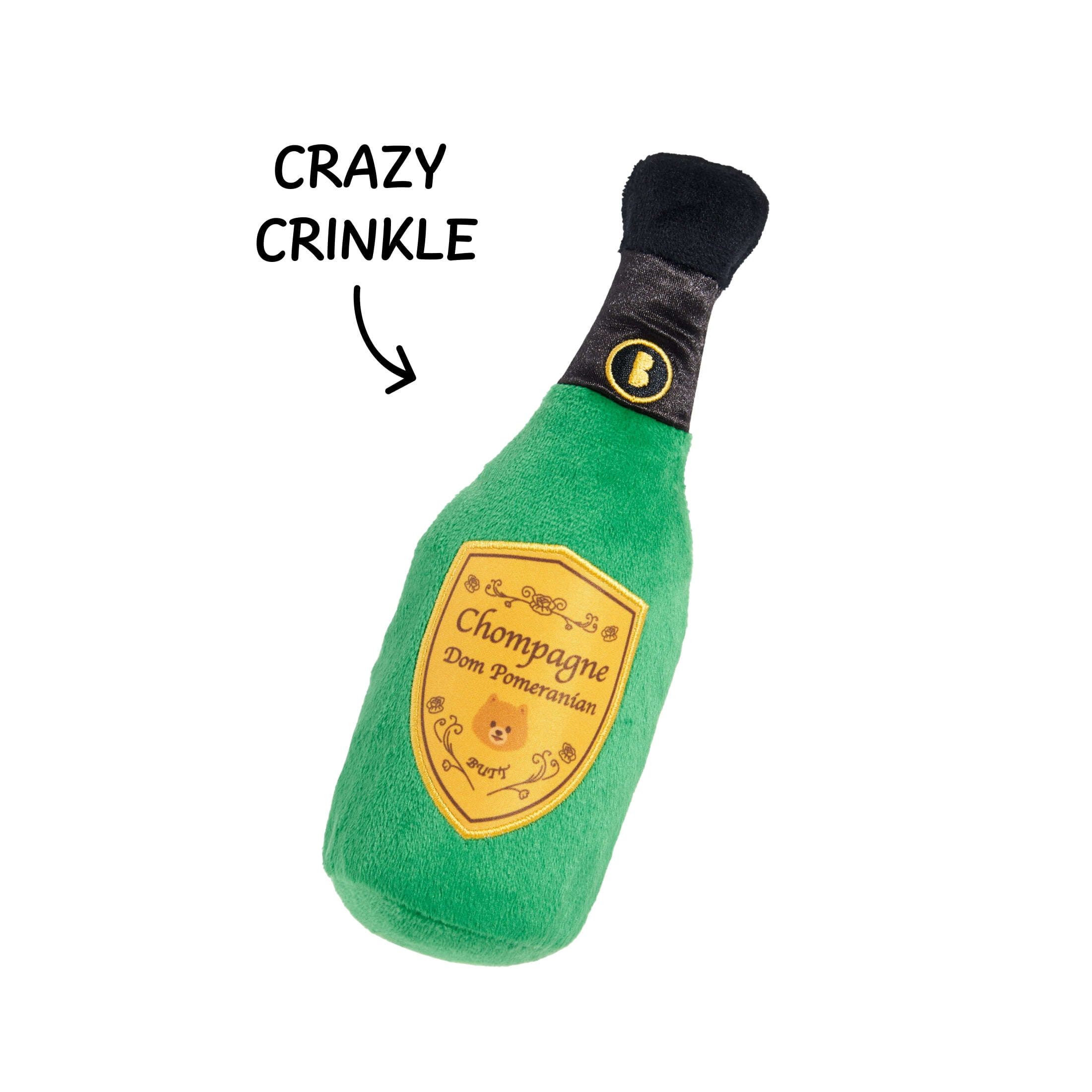BARK Sparklin Chompagne Party Champagne Bottle Green Plush Dog Toy ALL