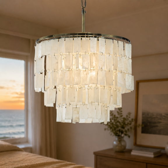3-Light 18 in Coastal Capiz Seashells Chandeliers in Antique Bronze Farmhouse Natural Chandelier with Rectangle Shells for Dining Room