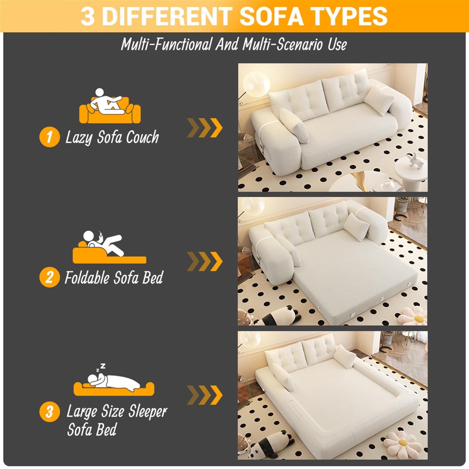 Demi Bonn 78" Cozy Sofa Couch, Foldable 3-in-1 Sleeper Bed, Multi-Functional Lazy Sofa for Living Room, Playroom, Comfortable Foam-Filled, Beige
