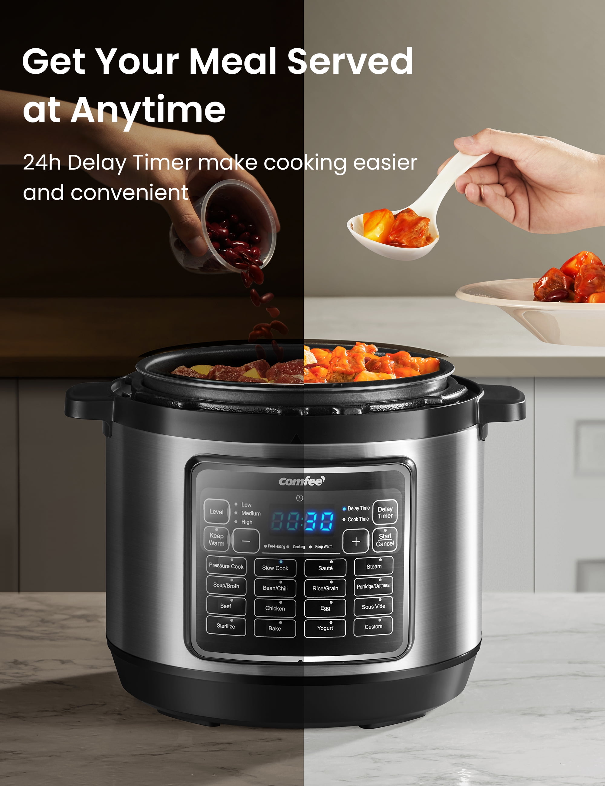 COMFEE’ 6 Quart Pressure Cooker 12-in-1, One Touch Kick-Start Multi-functional Programmable Slow Cooker, Rice Cooker, Steamer, Sauté Pan, Egg Cooker