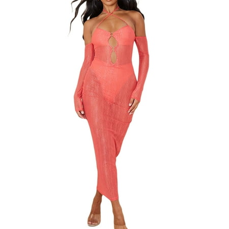 

AMILIEe Women Long Sleeve Halter Neck Backless Sheer One-piece Long Dress