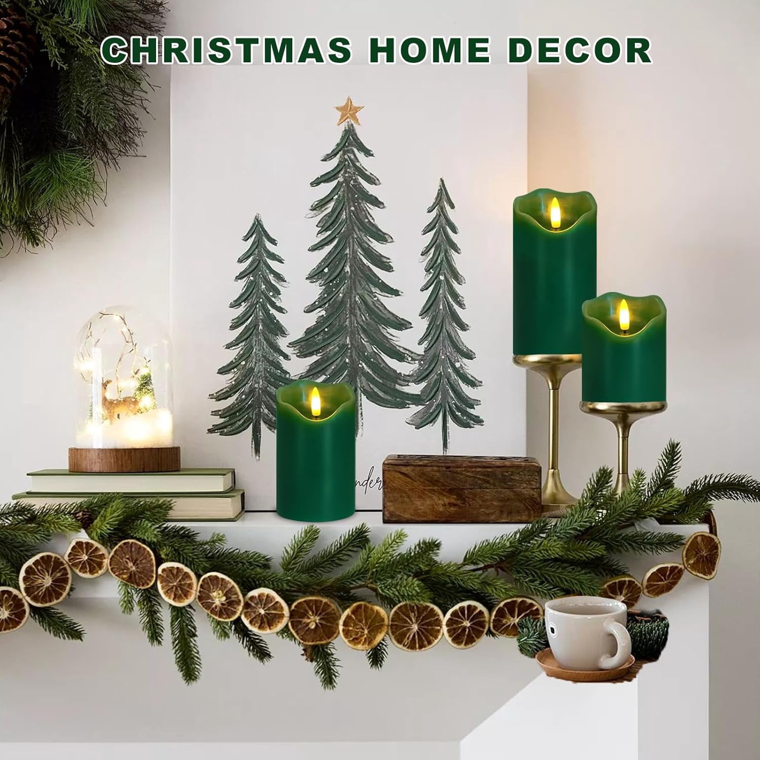Flameless Candles Lights, Set of 3 Green Flickering LED Candles with Remote & Timer, Dimmable LED Pillar Candles Battery Operated, Electric Candles for Home Thanksgiving Christmas Decor