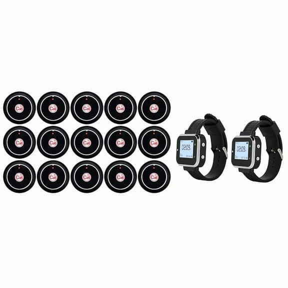 Cafe Waiter Service Buzzer 2 Watch Waiter Pager 15 Restaurant Table Call Button Transmitter Wireless Calling System (US)