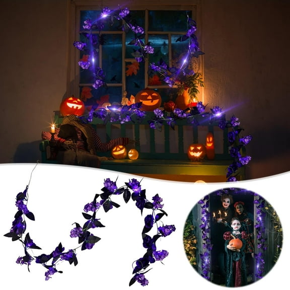 Xuniizn Halloween Garland Room Decorations Purple Rose Vines with Purple LED Artificial Fake Flowers Real Touch Silk Leaf for Home Fireplace Party Living Room Halloween Decor