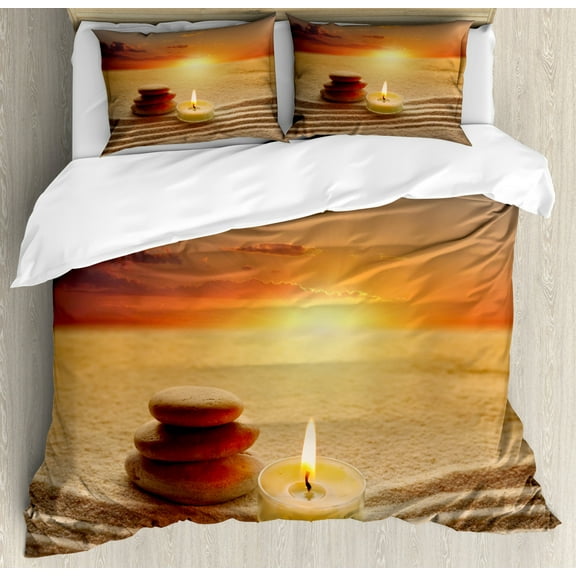 Boho Duvet Cover Set, Stack of Stones and Candle Yoga Horizon Backdrop Picture, Decorative 3 Piece Bedding Set with 2 Pillow Shams, King Size, Orange Sand Brown, by Ambesonne