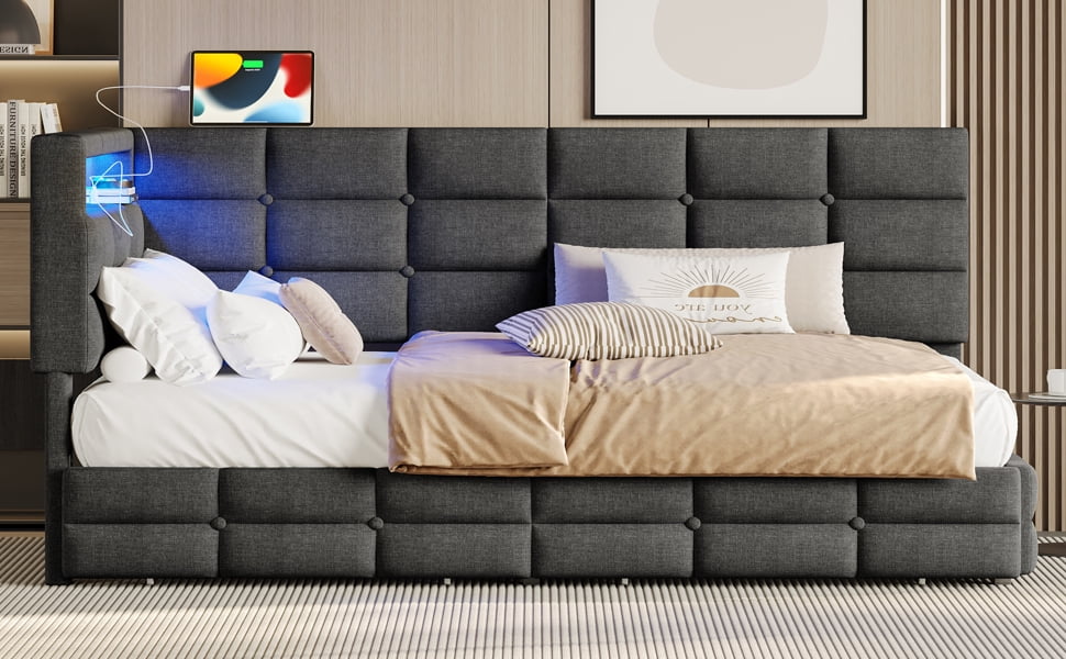 Euroco Upholstered Twin Size Daybed with Storage Headboard and Drawers, Sofa Bed with LED Light and USB Charging, Gray