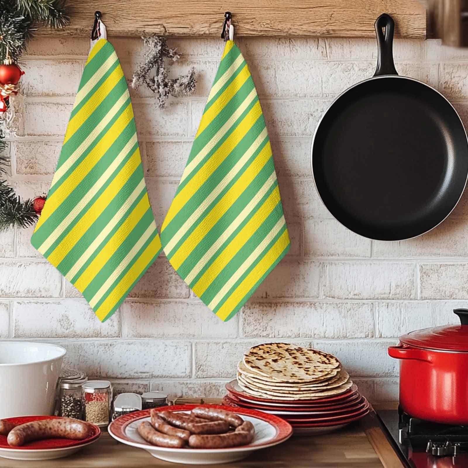 Dish Towels, Lemon Yellow Green Stripes Absorbent Kitchen Towels 2 PCS, Vertical Striped Microfiber Hand Towels Dish Cloths Tea Towels for Home&nbsp;Bathroom Cleaning Drying,18X28-Inch,