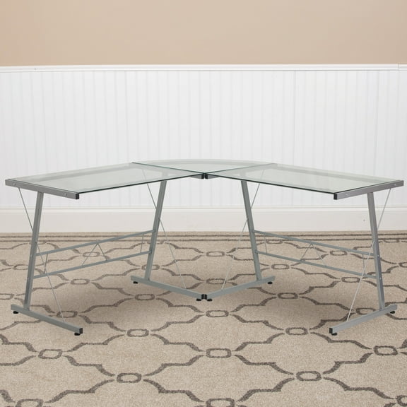 EMMA OLIVER Home Office Collection L-Shaped Gaming Desk, Space Saving, Clear/Silver