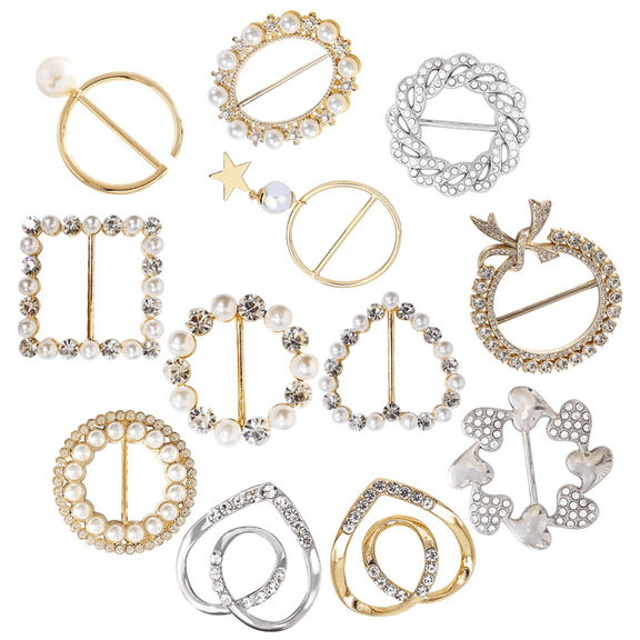12PCS Scarf Tie Buckle Rings for Women,Metal Party T Shirt Pearls Rhinestone Clips,Clothes Corner Knotted Button for Women Girl Decorative Accessories