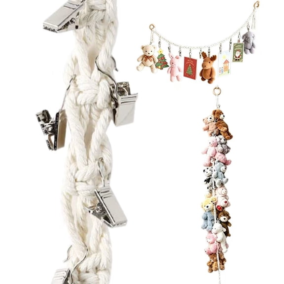Stuffed Animal Storage with 20 PCS Metal Clips, Cotton Hanging Storage Chain for Stuffed Animal Hammock Corner, Hanging Stuffed Animal storage for Wall or Corner Nursery Play Room