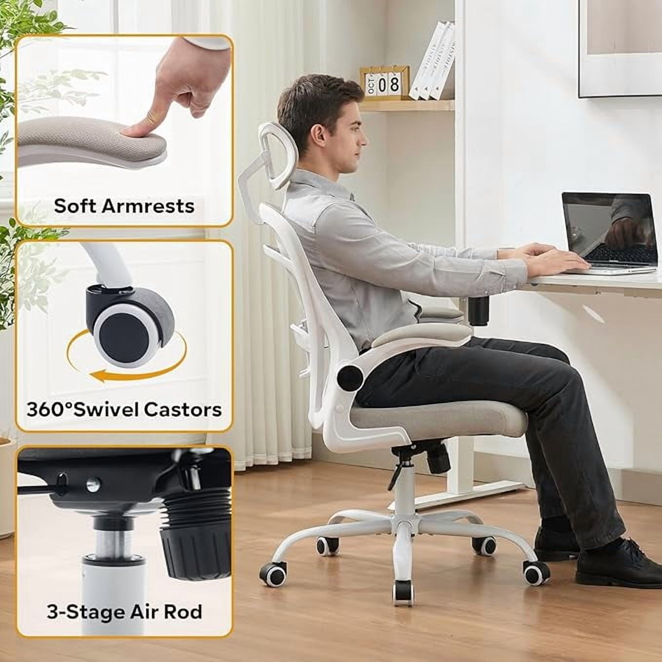 Ergonomic High-Back Mesh Office Chair – Adjustable Headrest & Flip-Up Armrests, Desk Chair with Wheels, 300 lbs Capacity for Home or Study, White