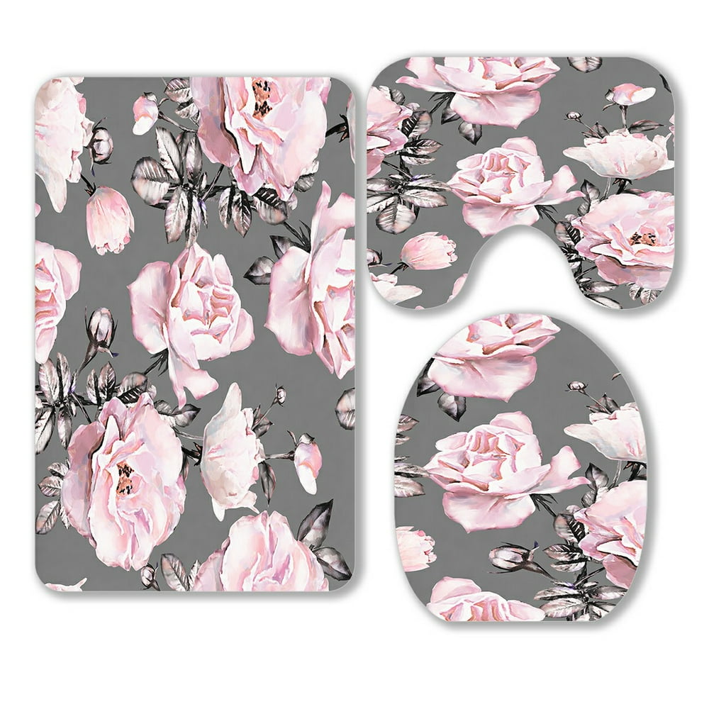ABPHQTO Pink Flowers Leaves On Gray 3 Piece Bathroom Rugs Set Bath Rug