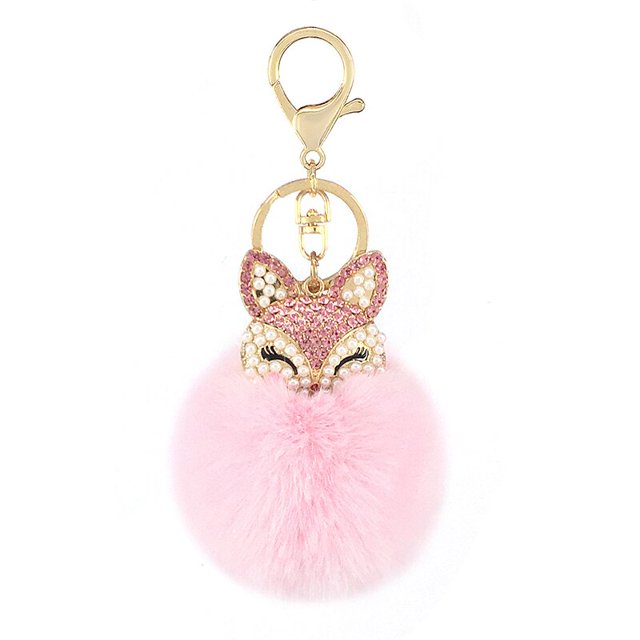 LLavero de mini Bola de piel de zorro hecho a mano, Bola de pompón de piel esponjosa con incrustaciones de diamantes de imitación, accesorios para bolso de mujer, llavero colgante para coche