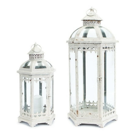 Fleur De Lis Etched Glass - Set of 2 Fleur de Lis Weathered White Metal and Glass Pillar Candle Holder Lanterns 24.5