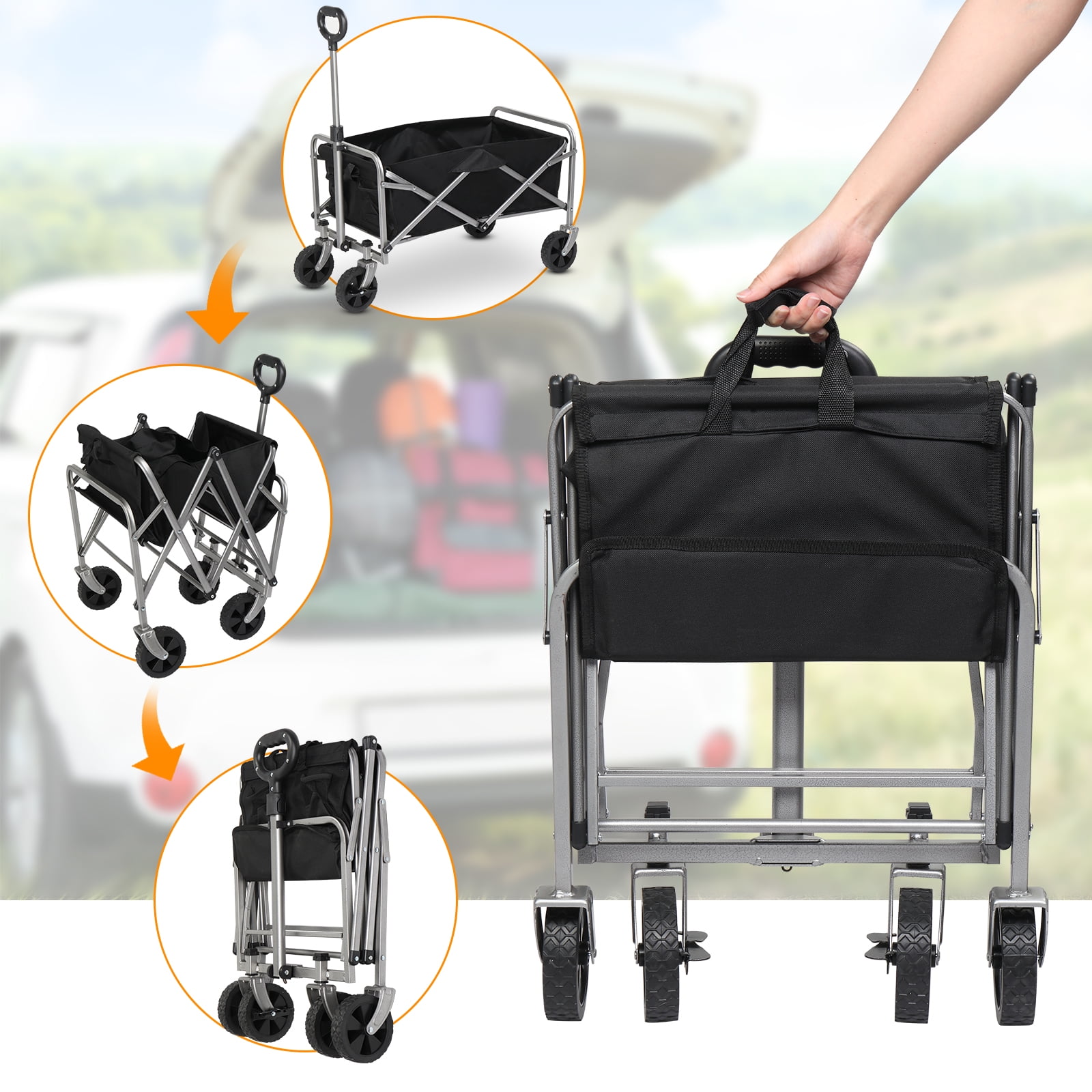 Garden Folding Cart, 600d Oxford Cloth Steel Frame Flat Folding Style Black Cloth Silver Frame, 74.5*45.5*84cm 100kg
