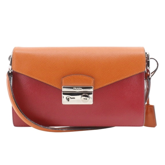 Pre-Owned Prada BN924K Saffiano 2-Way Clutch Shoulder Bag in Red/Orange with Flap, Women's