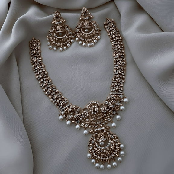 Gold Plated Ruby Long Necklace with Jhumka Earrings - Pearl Bridal Wedding Jewelry Set, CZ Stone, South Indian Bollywood Jewelry for Women