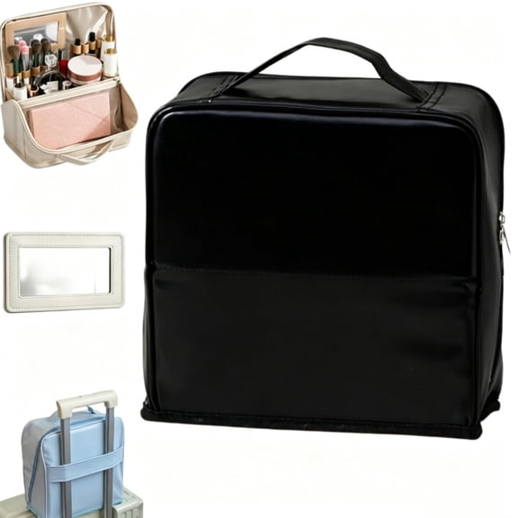 Stylish Handheld Partitioned Cosmetic Bag, Waterproof PU Leather Standing Makeup Organizer with Detachable Mirror for Desktop Storage Travel Use