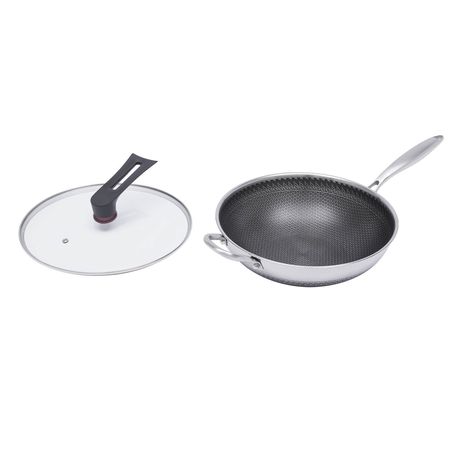 12in Stainless Steel Double Sided Honeycomb Cooking Frying Wok Pan with Lid Non Stick for Frying, Steaming, Boiling