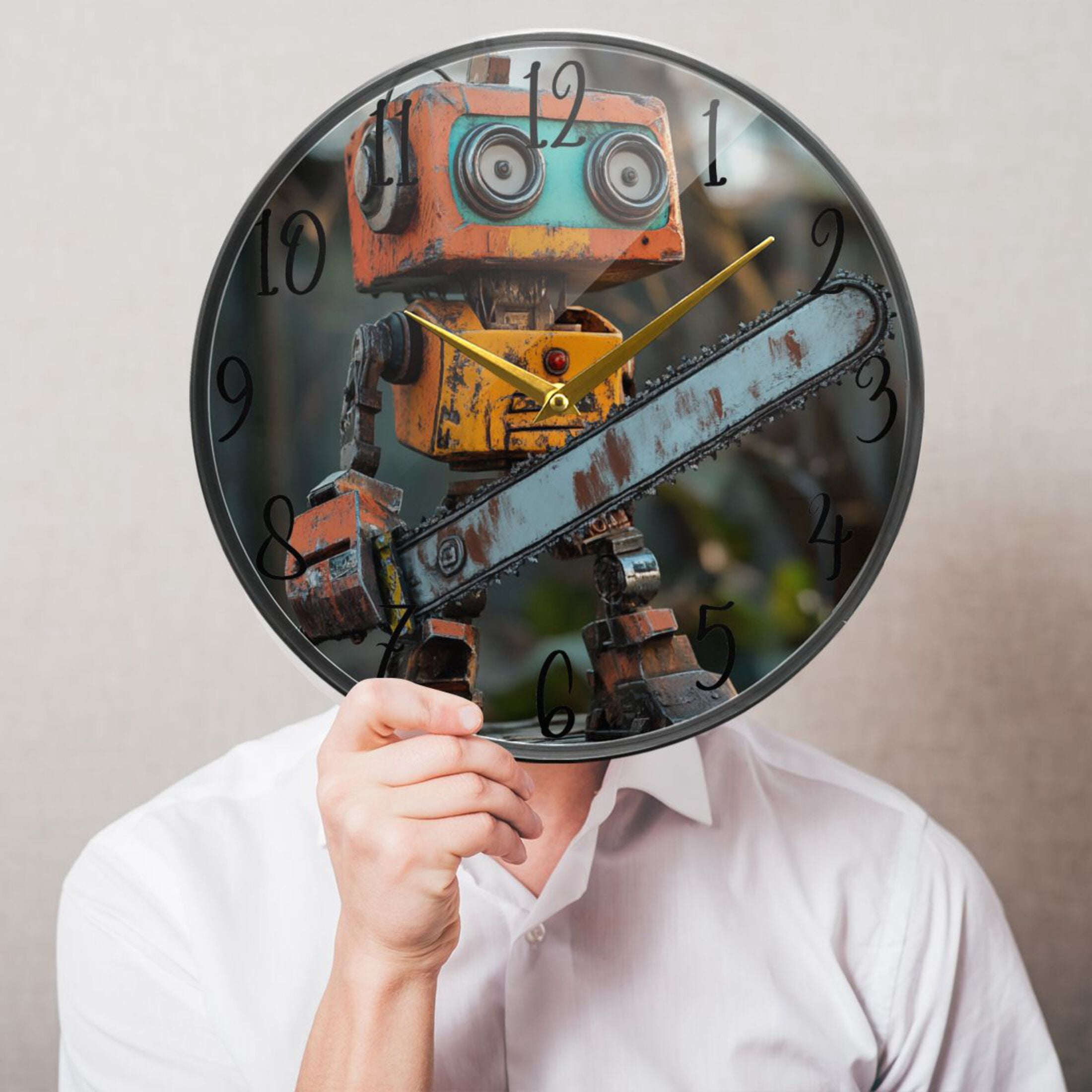 WOBOGO Animated Chainsaw Robot Acrylic Wall Clock Battery Operated