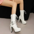 thumbnail image 2 of Womens Platform Stiletto Mid Calf Combat Boots Winter Fall Leather Buckles Lace up Gothic Tacticle Short Booties, 2 of 6