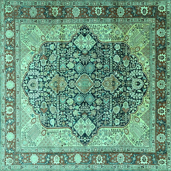 Ahgly Company Machine Washable Indoor Square Persian Turquoise Blue Traditional Area Rugs, 8' Square