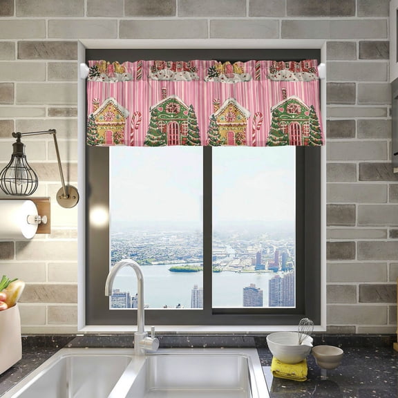 Yayeee Kitchen Valance Rod Pocket 54" x 18" Living Room Window Curtain, Pink Christmas House