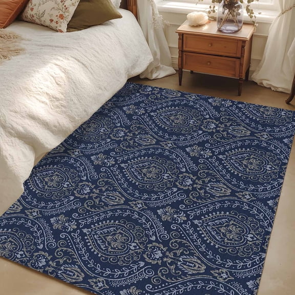 Area Rug for Living Room, Navy Blue Non-Slip Indoor Large Carpet for Bedroom/Dining Room, Boho Vintage Ethnic Tribe Abstract Art Washable Low-Profile Rectangle Floor Mat Runner Rugs - 3 x 5 Ft
