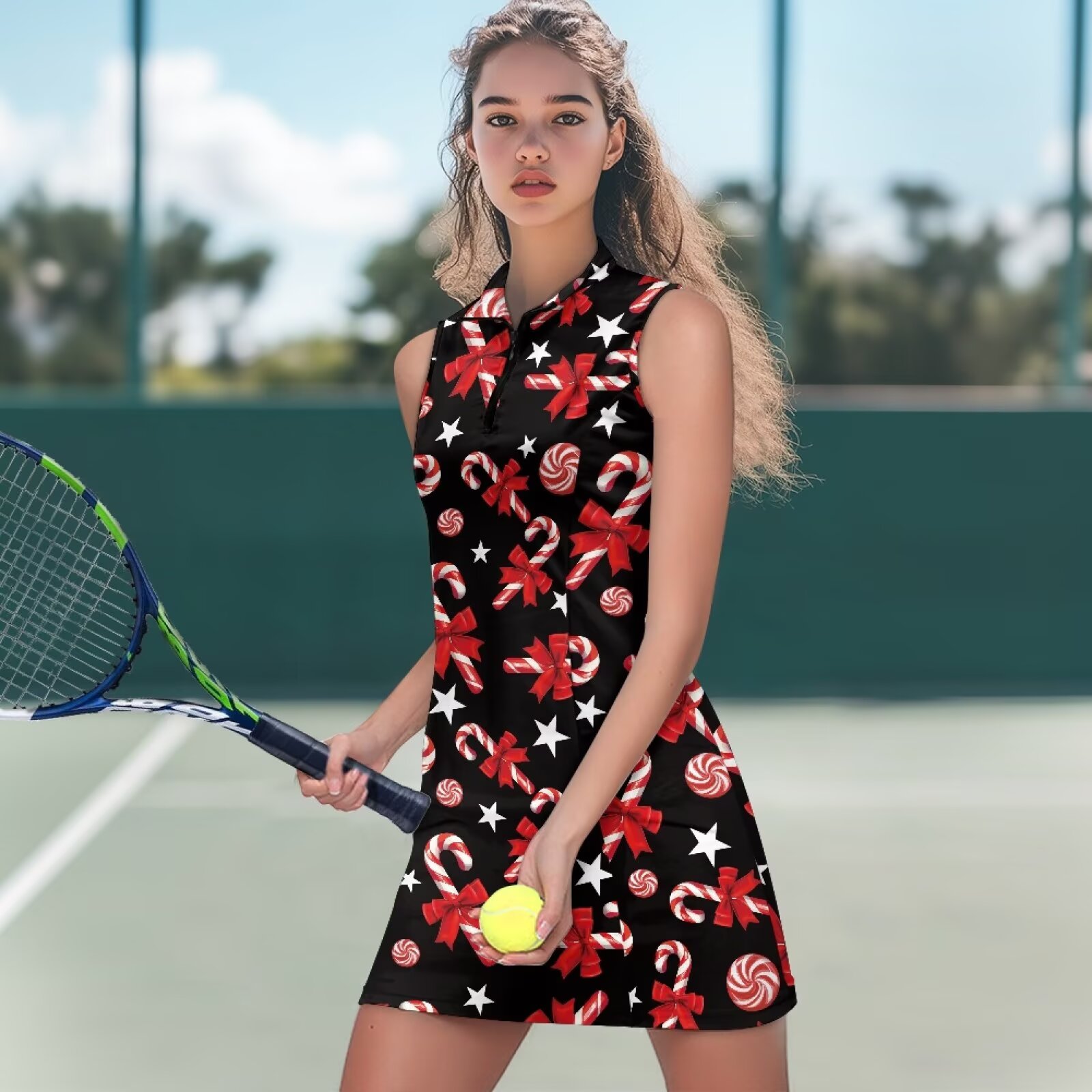 Yuyamidu Candy Canes Womens Tennis Dress Built in Shorts with Pockets 2 Piece Sets Red Bow Athletic Golf Tank Dresses Christmas Active Workout Dress Size XS