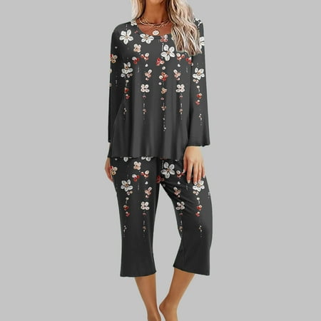 

Vacation Outfits For Women 2PC Round Neck Long Sleeve Two-piece Comfortable Home Pajamas Set Sports Set Up to 65% off