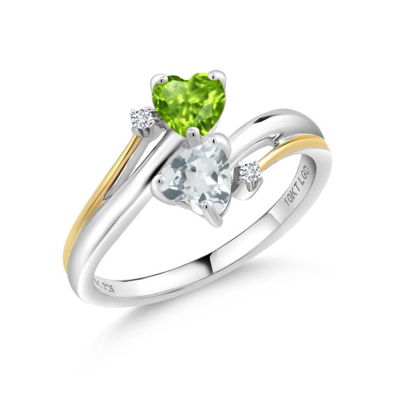 Gem Stone King 0.94 Cttw Green Peridot Sky Blue Aquamarine and Lab Grown Diamond 2 Heart Couple Engagement Mother Ring | 925 Sterling Silver and 10K Yellow Gold | Available in Size 5, 6, 7, 8, 9