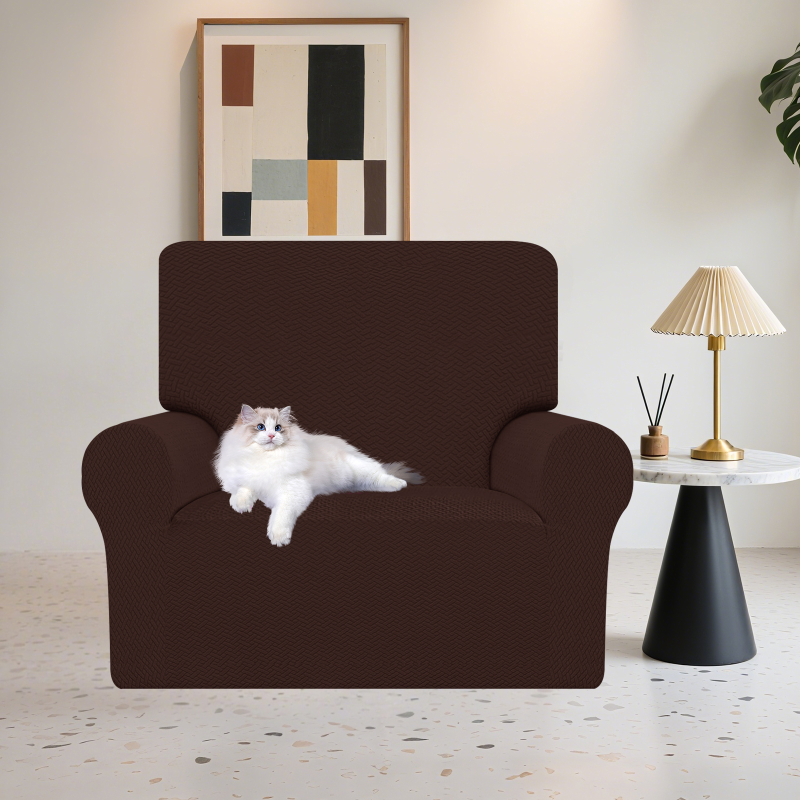 Debonair Stretch Jacquard Couch Cover with 1 Pillowcase, 1-Piece Soft Sofa Cover, Sofa Slipcover with Anti-Slip Foams, Washable Furniture Protector for Pets (Chair, Chocolate)