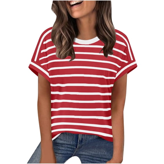 SYMOID Womens Red & White Striped Short Sleeve Top - Relaxed Fit, Drop Shoulder Casual Shirt in Soft Stretch Fabric,Size L