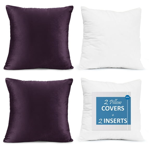 Nestl Plush 2 Pack Solid Decorative Microfiber Square Throw Pillow Cover with Throw Pillow Insert for Couch, Eggplant, 26" x 26"
