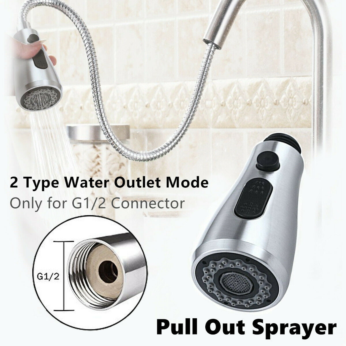 Silver ABS Kitchen Basin Sink Mixer Tap Swivel Pull Out Spray Faucet Head G 1/2"