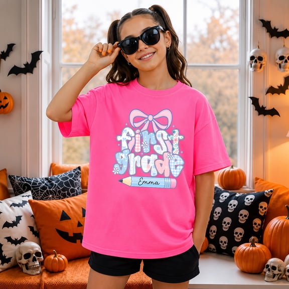 Personalized First Grade Shirt with Custom Name, Back to School Coquette Bow Tee, Youth Unisex T-Shirt