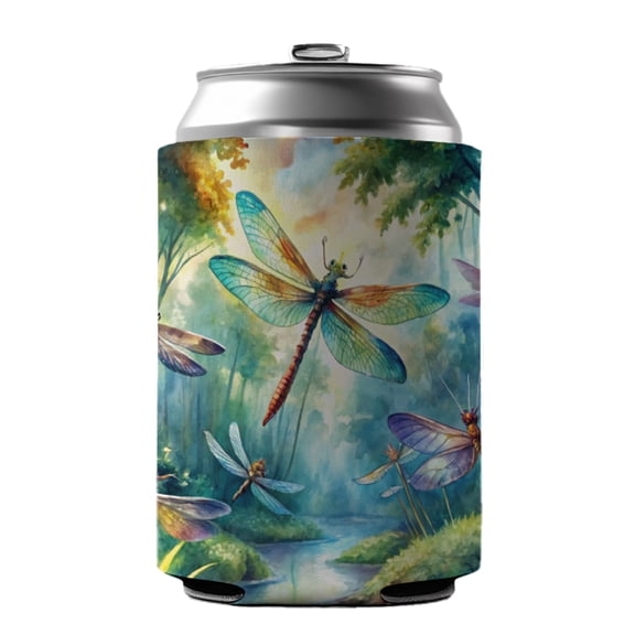 Dragonflies Forest Fantasy Watercolor Design Drink Beer Soda Insulated Sleeve Holder Can Cooler Hugger