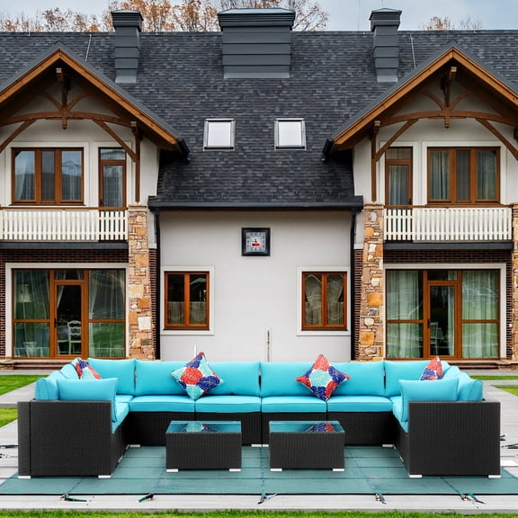 Ainfox Outdoor Patio Furniture 12-Pieces PE Rattan Wicker Sectional Sofa Sets with Blue Pillows,Cushions  White Pillows