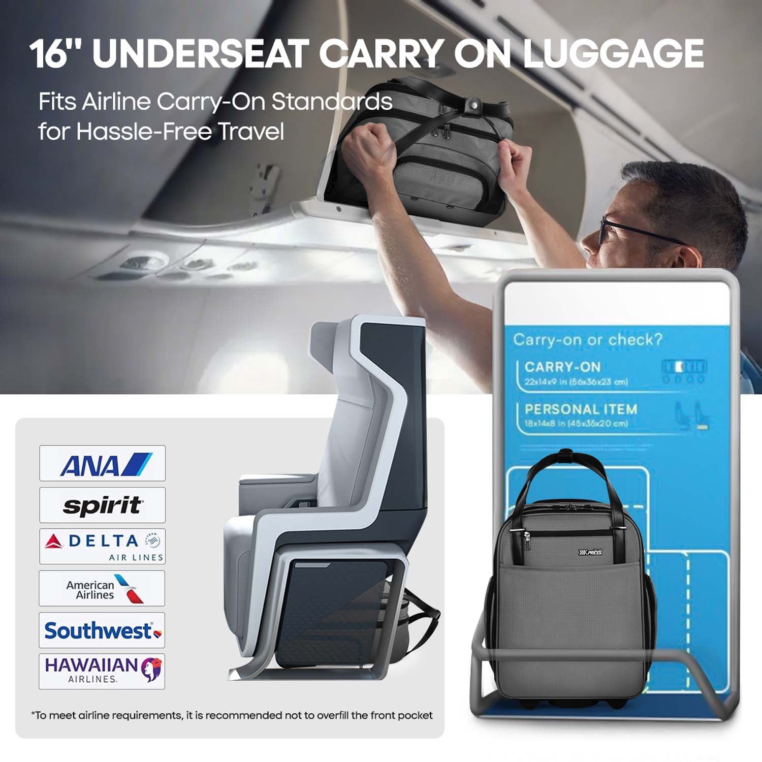 16" Underseat Carry on Luggage for Airplane, Softside Small Rolling Suitcase,Lightweight Personal Item Travel Bag, Grey - XJ5011