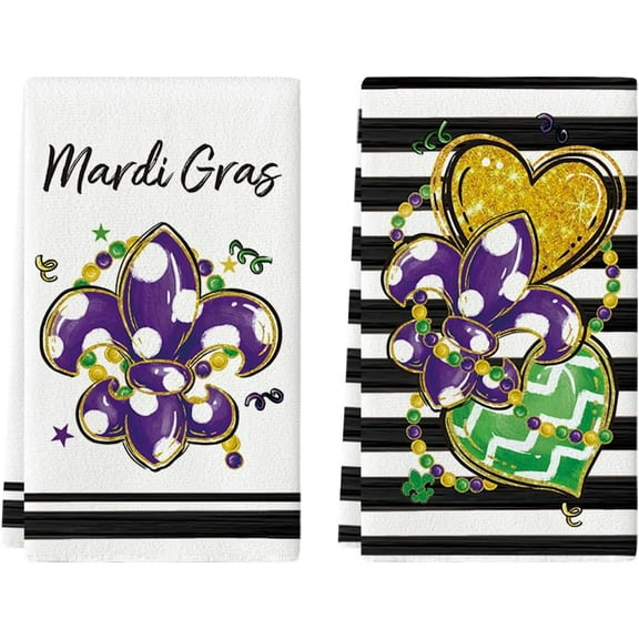 Black Stripe Iris Jewelry Heart Mardi Gras Kitchen Towels Dish Towels, 18x26 Inch Farmhouse Decoration Hand Towels Set of 2