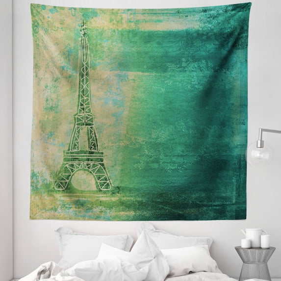 Paris Tapestry, Eiffel Tower Colorful Gradient Sketch in Ombre Style Drawing French Print, Fabric Wall Hanging Decor for Bedroom Living Room Dorm, 5 Sizes, Teal Mustard, by Ambesonne