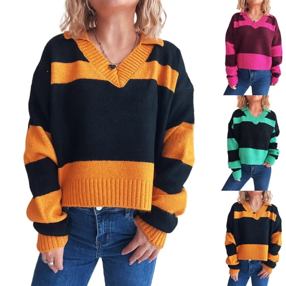 Women's Contrasting Striped Knitted Lapel Long Sleeved Pullover Sweater Top for Fall Winter Preppy Style,Green,L