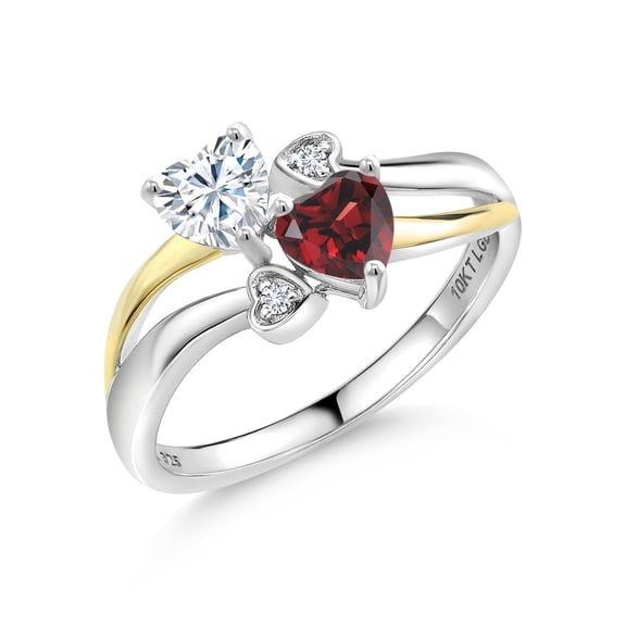 Gem Stone King 925 Silver and 10K Yellow Gold White Moissanite and Red Garnet and White Lab Grown Diamond Ring for Women (1.04 Cttw, Gemstone, Heart Shape 5MM, Size 7)